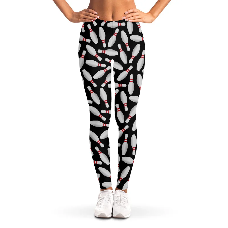 Black Bowling Pins Pattern Print Women's Leggings Trendy Sweat-Wicking Workout Leggings