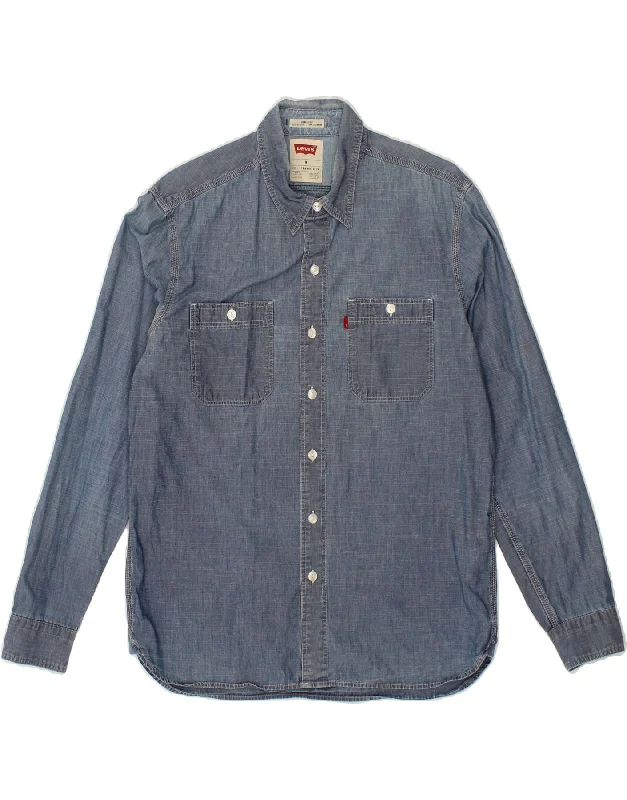 LEVI'S Mens Standard Fit Denim Shirt Medium Blue Cotton Zippered Front Buttoned Front Snap Front