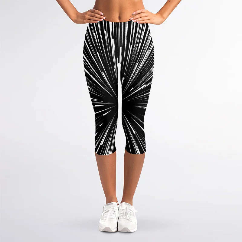 Black And White Hyperspace Print Women's Capri Leggings Comfortable Yoga Tights Leggings