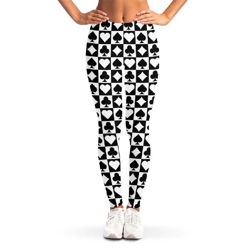 Black And White Playing Card Suits Print Women's Leggings Comfortable Ribbed Sports Leggings