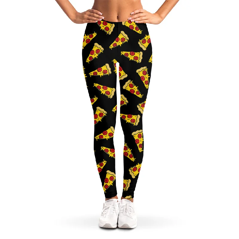 Black Pizza Pattern Print Women's Leggings Stylish Patterned Active Leggings