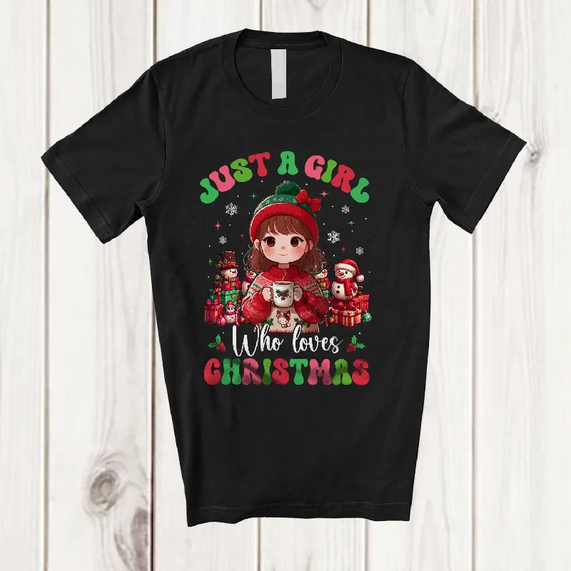 Just A Girl Who Loves Christmas; Adorable X-mas Little Girl Women Drink Coffee; Groovy Family T-Shirt Mesh Canvas Denim