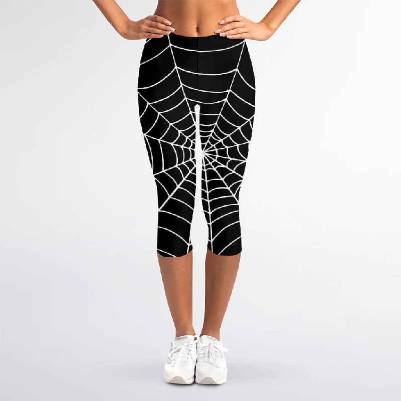 Black And White Cobweb Print Women's Capri Leggings Fashionable Minimal Active Leggings