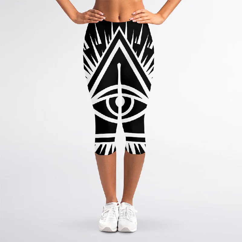 Black And White Illuminati Print Women's Capri Leggings Trendy Sports Performance Leggings