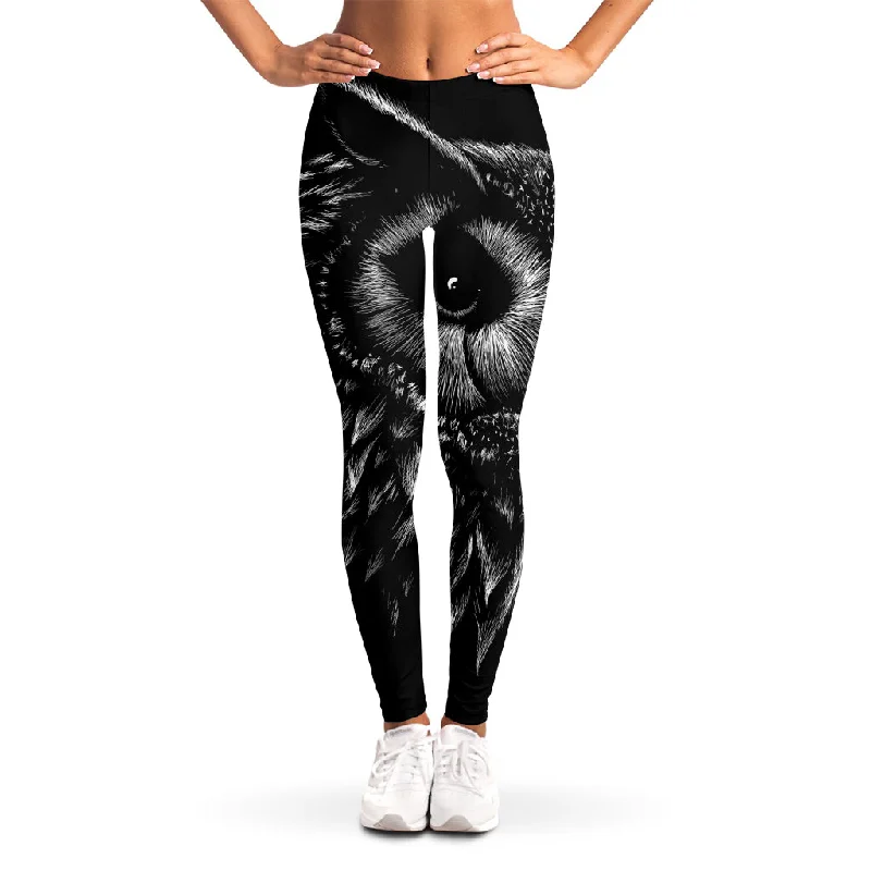 Black And White Owl Print Women's Leggings Trendy Tie-Dye Leggings