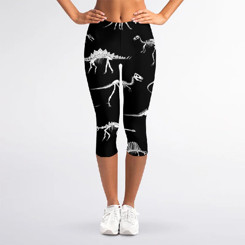 Black And White Dinosaur Fossil Print Women's Capri Leggings Trendy Colorblock Print Leggings