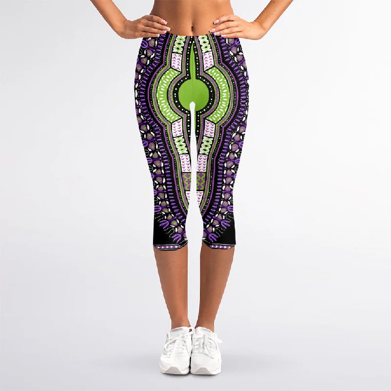 Black And Purple African Dashiki Print Women's Capri Leggings Fashionable Moisture-Wicking Leggings