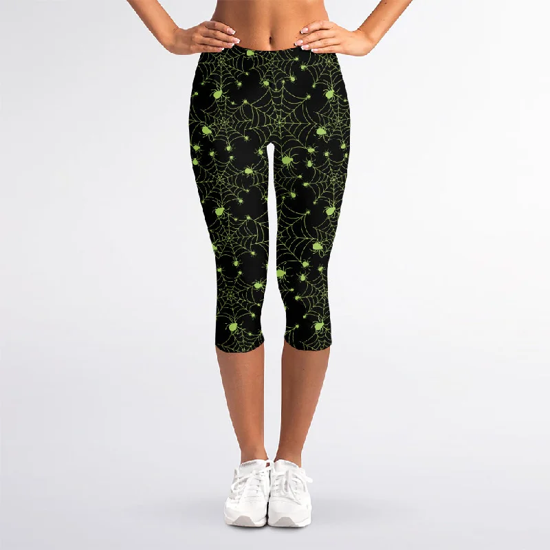 Black And Green Spider Web Pattern Print Women's Capri Leggings Trendy Color Block Leggings