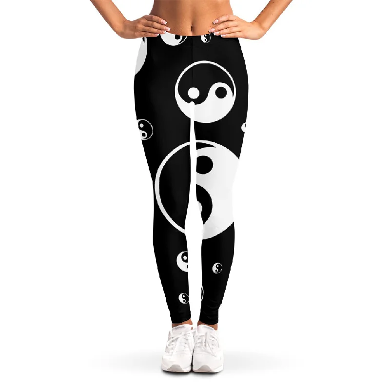 Black And White Yin Yang Pattern Print Women's Leggings Stylish Ankle-Length Leggings