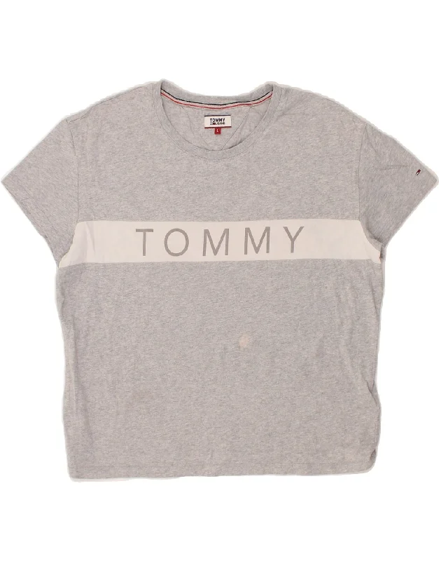 TOMMY HILFIGER Womens Graphic T-Shirt Top UK 16 Large Grey Colourblock Welt Pockets Slit Pockets
