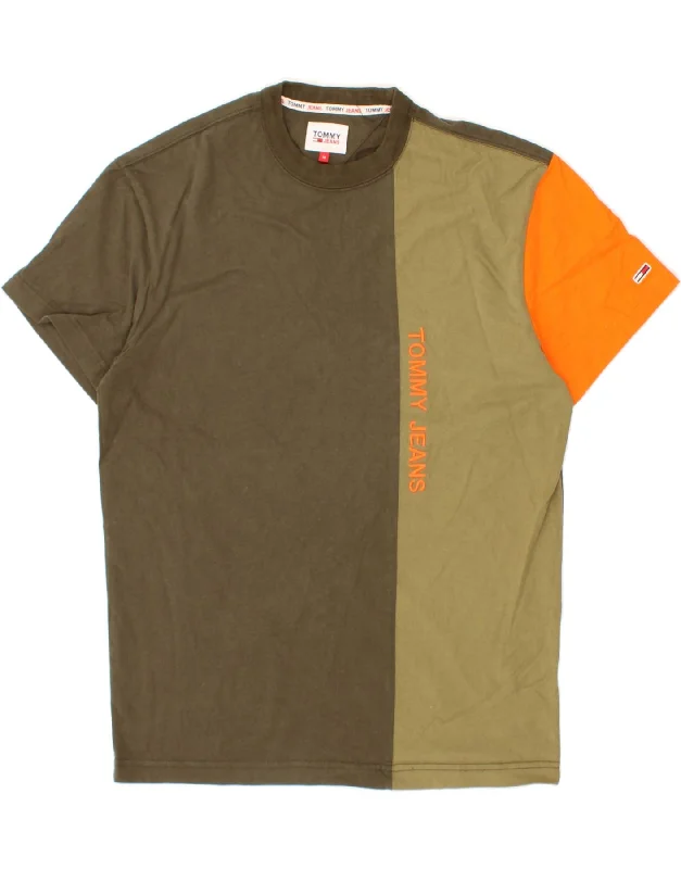 TOMMY HILFIGER Mens Graphic T-Shirt Top Medium Green Colourblock Cotton Chenille Brocade Lace