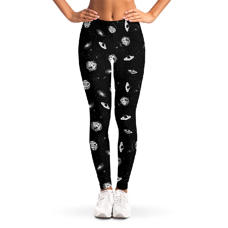 Black And White UFO Pattern Print Women's Leggings Trendy Side-Pocket Leggings