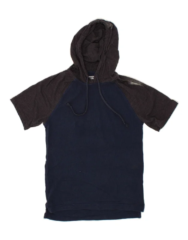 LEVI'S Mens Hooded T-Shirt Top Small Navy Blue Colourblock Cotton Mesh Blend Leather Blend Suede Blend