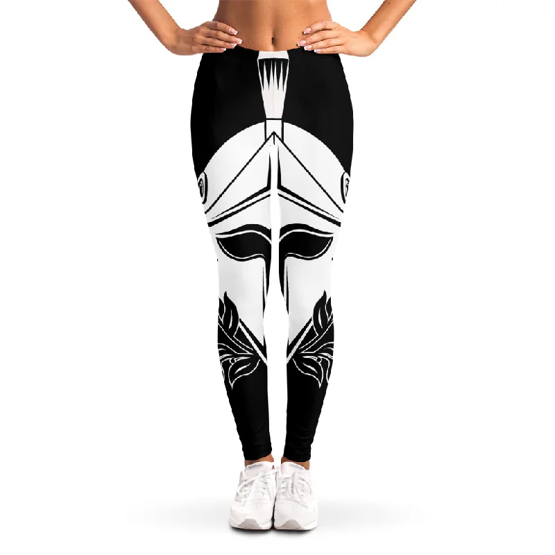 Black And White Spartan Helmet Print Women's Leggings Fashionable Ribbed Knit Leggings