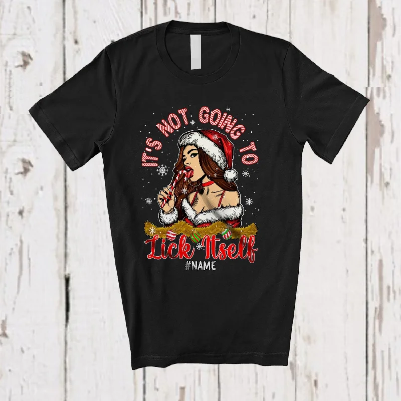 Personalized Not Going to Lick Itself; Lovely Christmas Candy Cane Women; Custom Name Adult Family T-Shirt Boxy Fit Fitted Loose