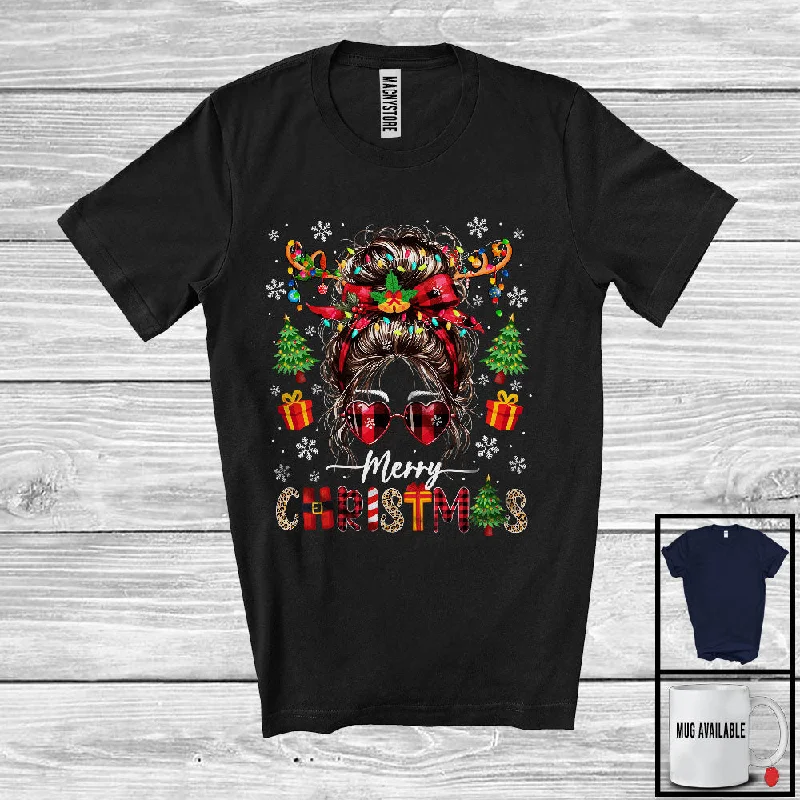 Merry Christmas; Fantastic X-mas Leopard Plaid Messy Bun Hair; Women Family Group T-Shirt Solid Print Embellished