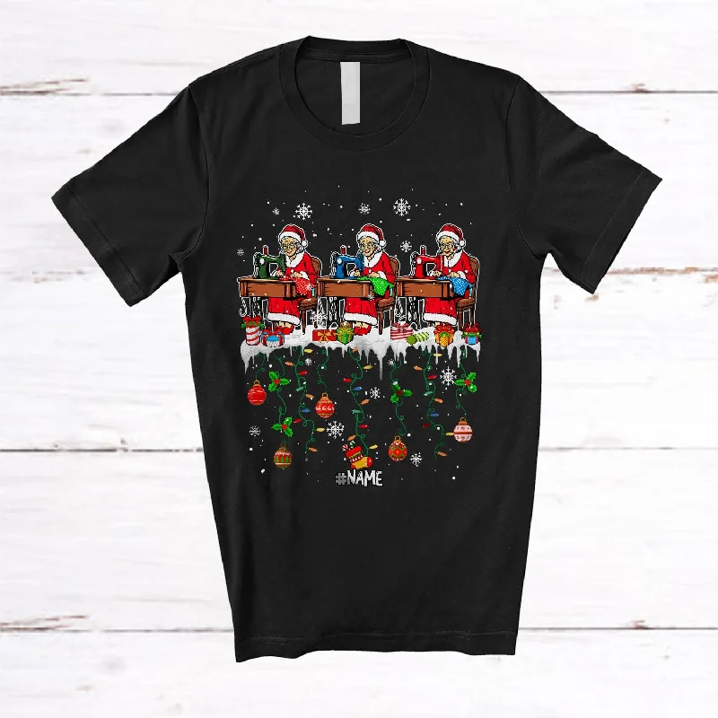 Personalized Custom Name Sewing Woman Santa; Lovely Christmas Three Women Santa Quilting T-Shirt Ribbed T-Shirt High Neck Heavyweight