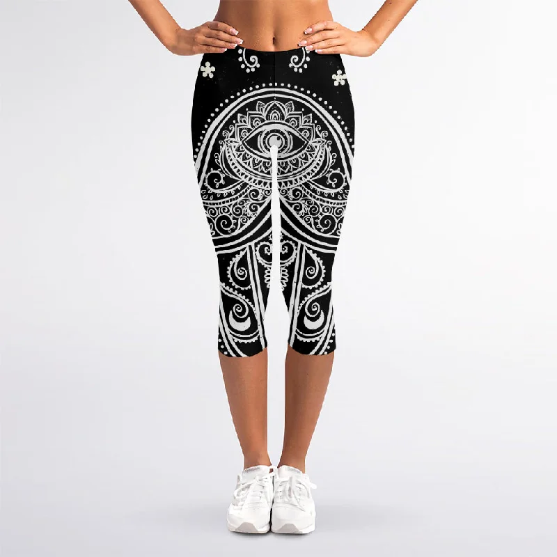 Black And White Hamsa Print Women's Capri Leggings Stylish Faux Leather Leggings