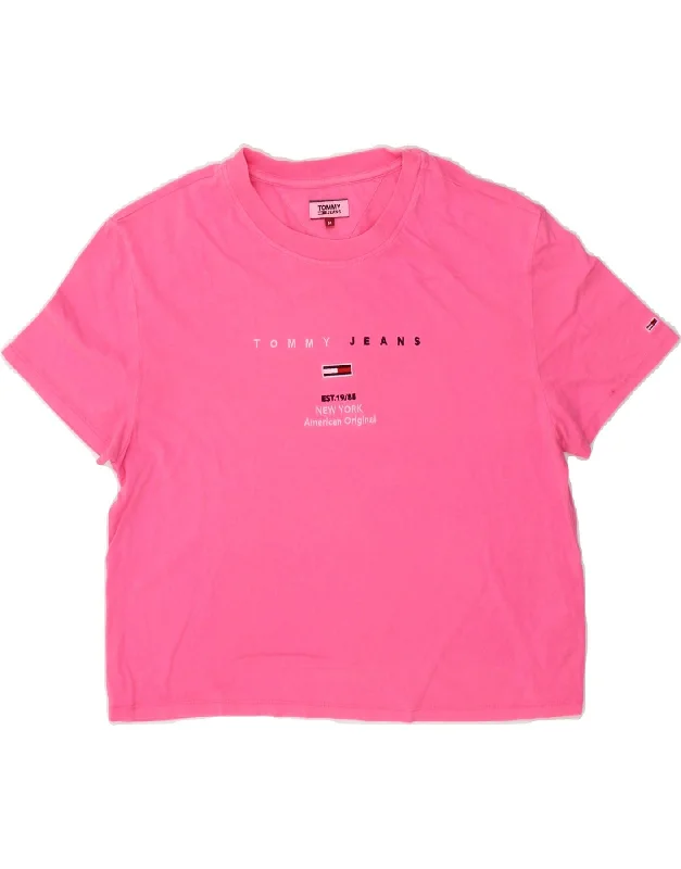 TOMMY HILFIGER Womens Graphic T-Shirt Top UK 12 Medium Pink Cotton Chenille Fabric Brocade Fabric Lace Fabric