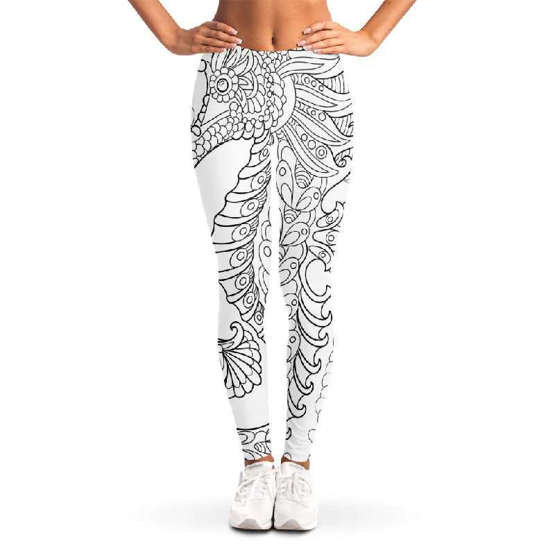 Black And White Seahorse Print Women's Leggings Trendy Leather-Look Workout Leggings