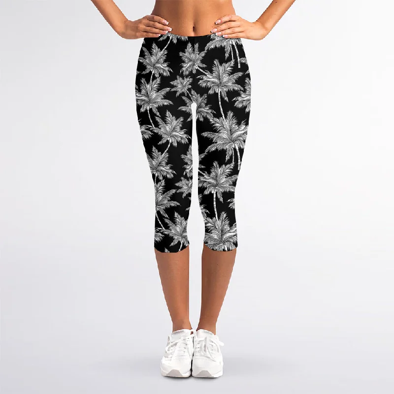 Black And White Coconut Tree Print Women's Capri Leggings Stylish High-Waisted Leggings