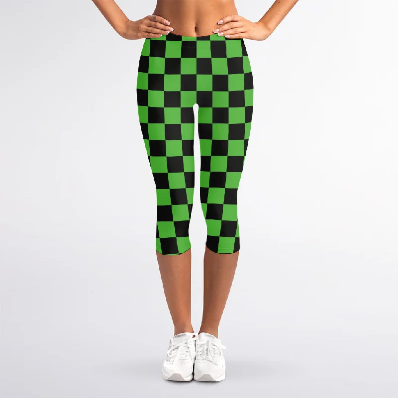 Black And Green Checkered Print Women's Capri Leggings Elegant Stretchy Faux Leather Leggings