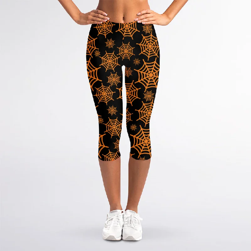 Black And Orange Spider Web Print Women's Capri Leggings Trendy Patterned Leggings