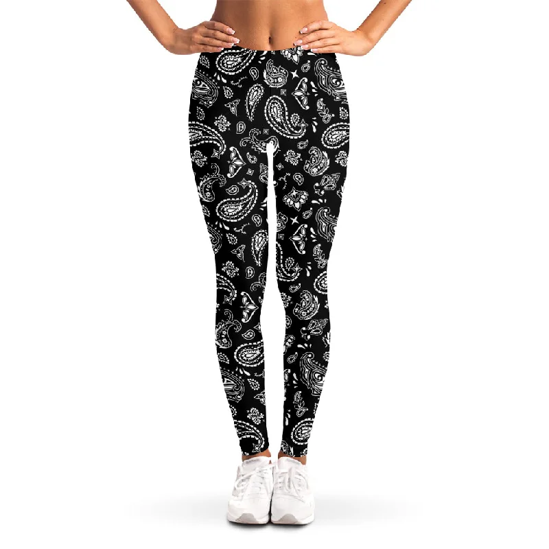 Black Paisley Bandana Pattern Print Women's Leggings Trendy Foil Finish Leggings