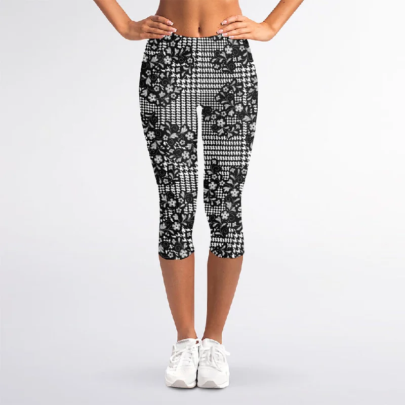 Black And White Floral Glen Plaid Print Women's Capri Leggings Comfortable Tummy Shaping Leggings