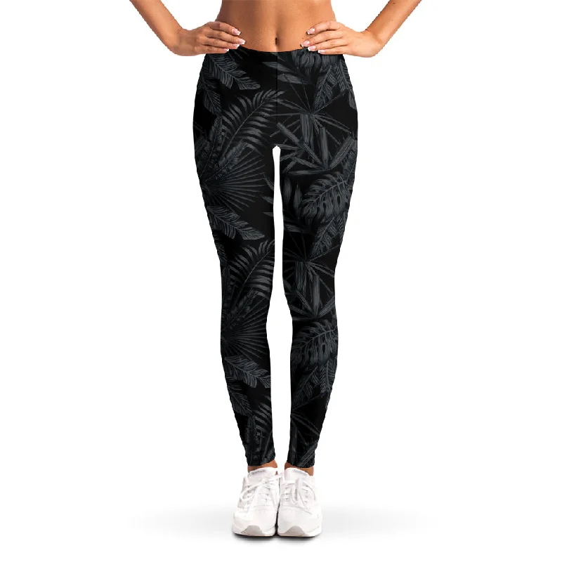 Black Palm Leaf Aloha Pattern Print Women's Leggings Trendy Side-Pocket Leggings