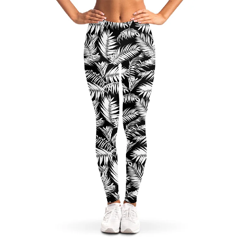 Black And White Palm Leaves Print Women's Leggings Comfortable Lounge Leggings