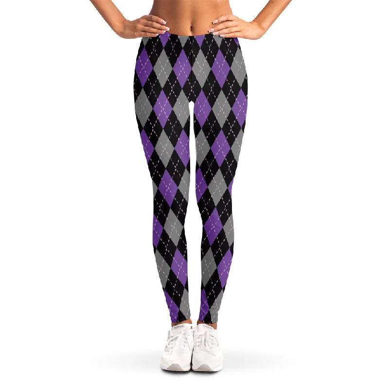 Black Grey And Purple Argyle Print Women's Leggings Comfortable Running Leggings