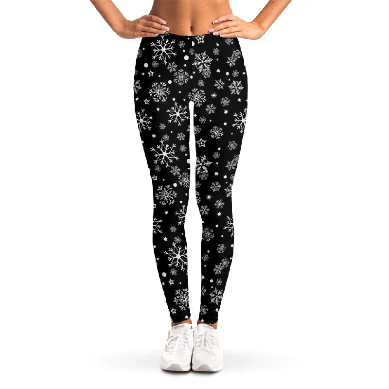 Black And White Snowflake Pattern Print Women's Leggings Stylish Compression Fit Leggings