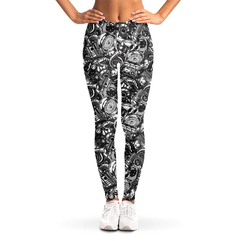 Black And White Mechanic Pattern Print Women's Leggings Fashionable Solid Color Tights
