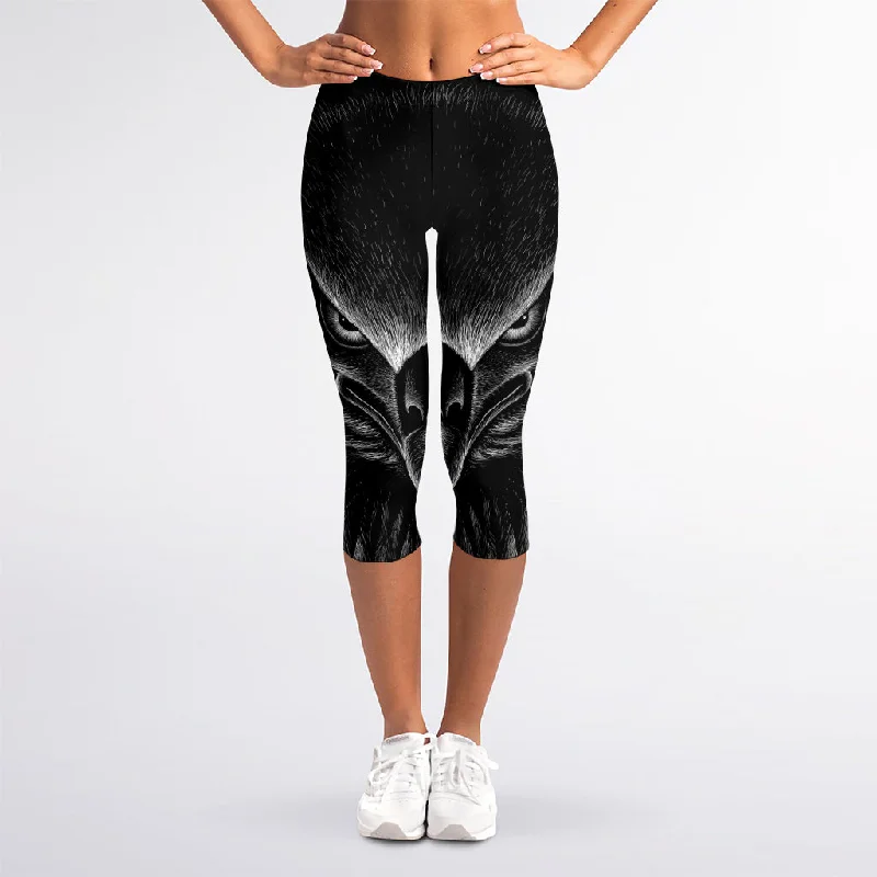 Black And White Eagle Print Women's Capri Leggings Trendy Seamless Sports Leggings