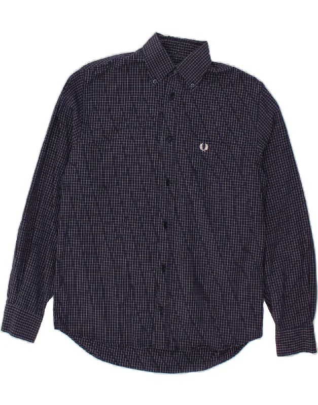FRED PERRY Mens Shirt Small Navy Blue Check Polka Dot Checkered Tartan