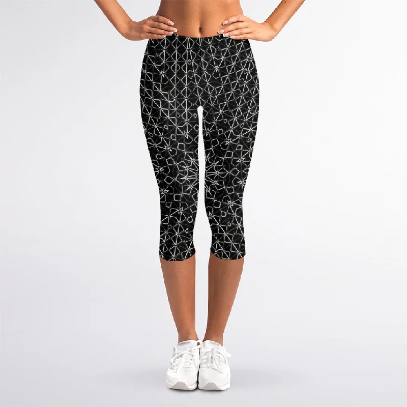 Black And White Kaleidoscope Print Women's Capri Leggings Trendy Mesh Leggings