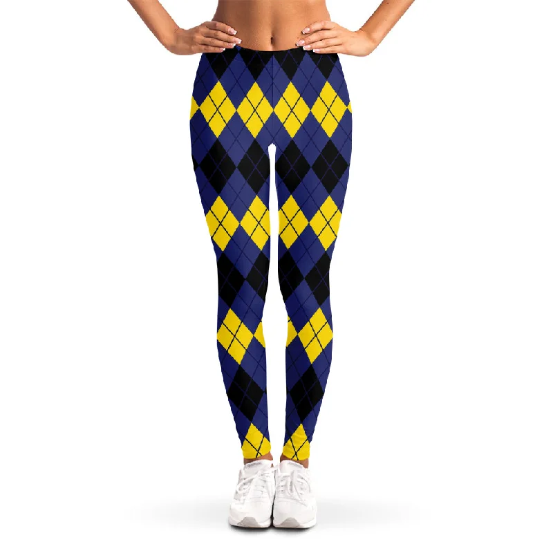 Black Yellow And Blue Argyle Print Women's Leggings Comfortable Athletic Tights