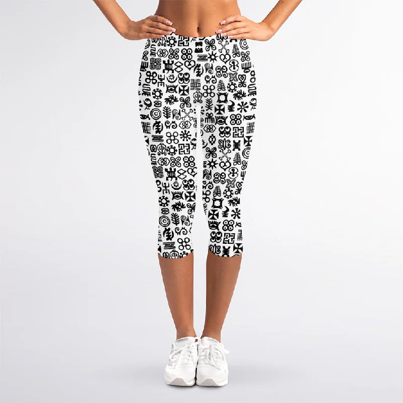 Black And White Adinkra Tribe Symbols Women's Capri Leggings Comfortable Bootcut Workout Leggings