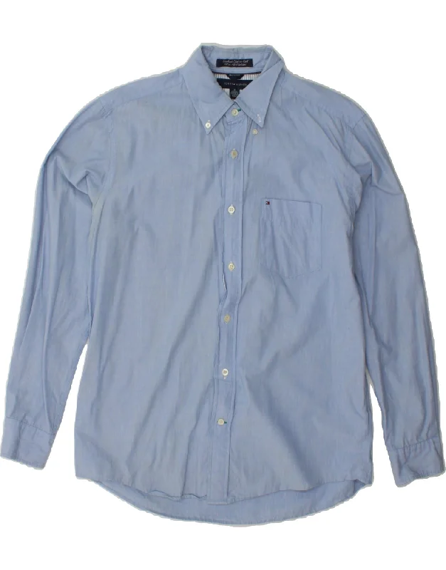 TOMMY HILFIGER Mens Shirt Medium Blue Cotton Satin Blend Silk Blend Wool Blend
