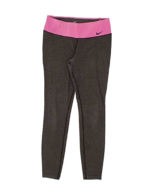 NIKE Womens Dri Fit Leggings UK 8 Small Grey Colourblock Cotton Fashionable Quick-Dry Leggings