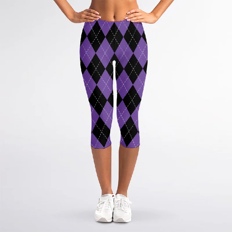 Black And Purple Argyle Pattern Print Women's Capri Leggings Trendy Full-Length Leggings