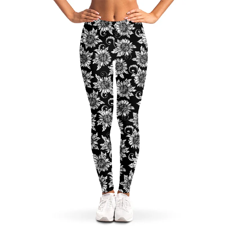 Black And White Vintage Sunflower Print Women's Leggings Stylish Patterned Active Leggings