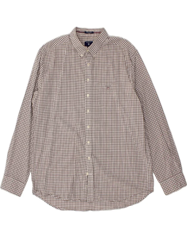 GANT Mens Regular Fit Shirt Size 45/46 18 2XL Grey Gingham Cotton Solid Print Embellished