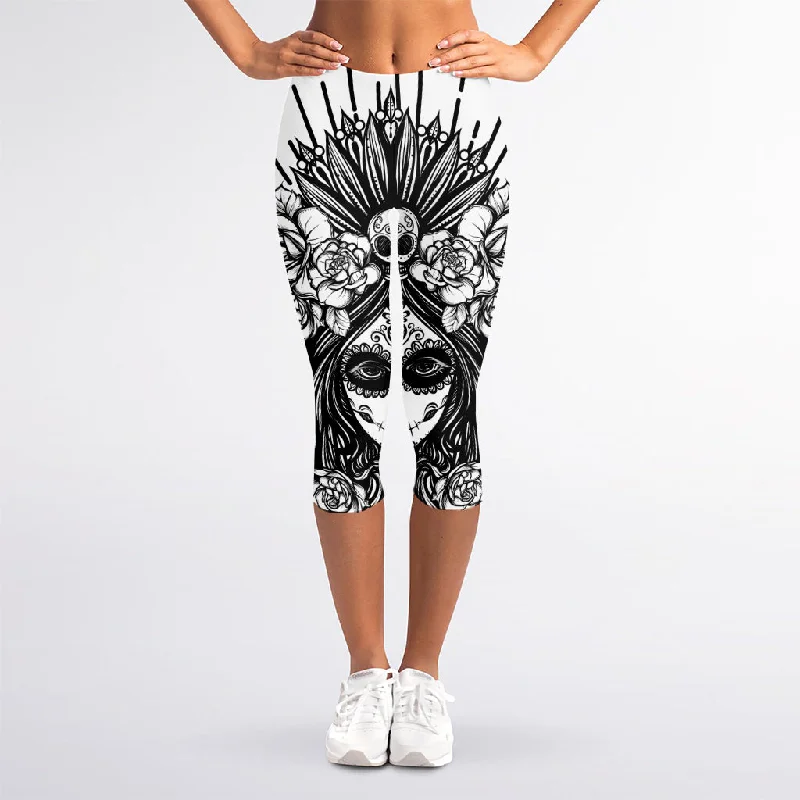 Black And White Calavera Girl Print Women's Capri Leggings Stylish Camo Print Leggings