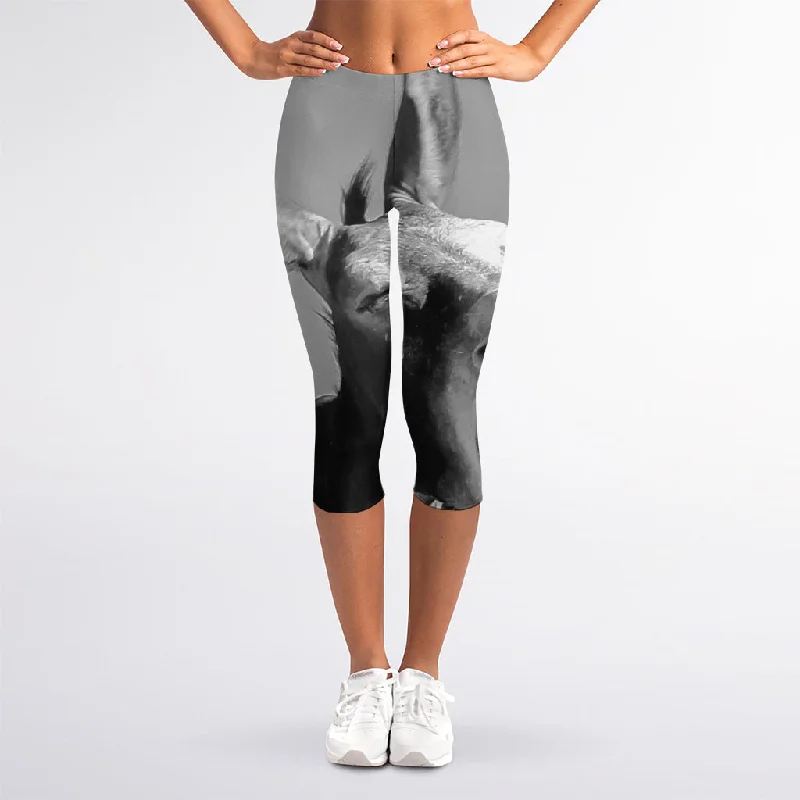 Black And White Funny Donkey Print Women's Capri Leggings Comfortable Zip-Up Leggings