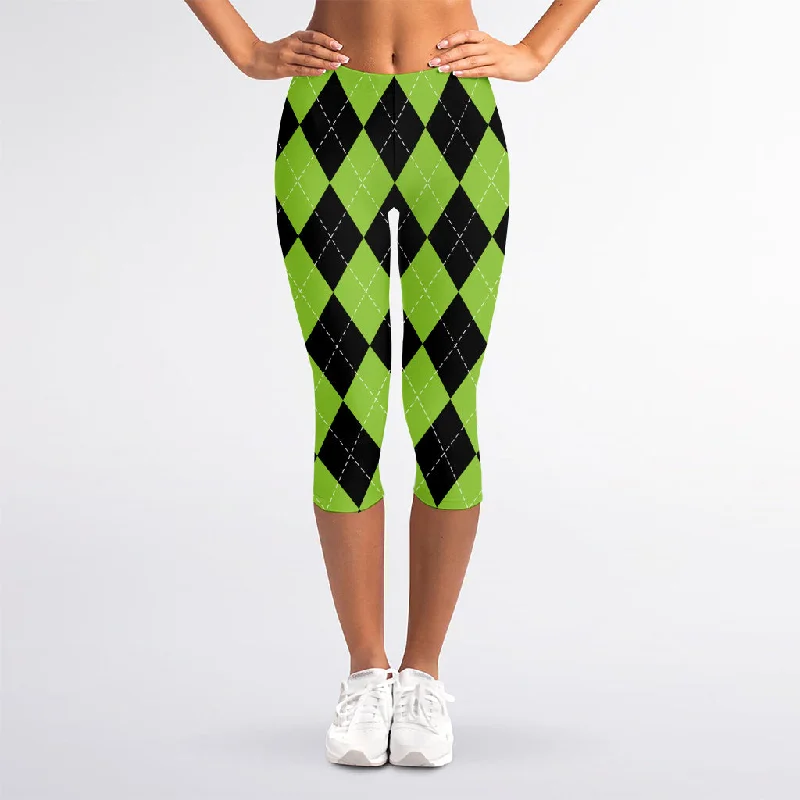 Black And Green Argyle Pattern Print Women's Capri Leggings Fashionable Printed Legging Pants