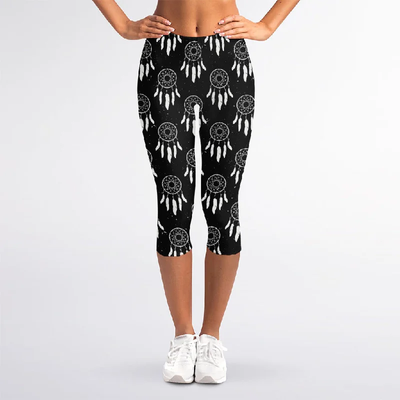 Black And White Dream Catcher Print Women's Capri Leggings Elegant Printed Leggings with Pockets