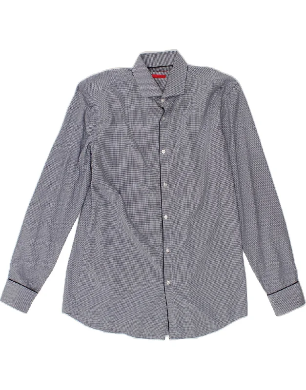 HUGO BOSS Mens Slim Fit Shirt Size 41 16 Large Navy Blue Check Cotton Anti-Shrink Durable Soft