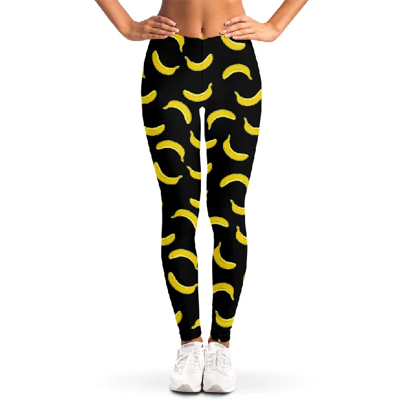 Black And Yellow Banana Pattern Print Women's Leggings Fashionable Moisture-Wicking Leggings